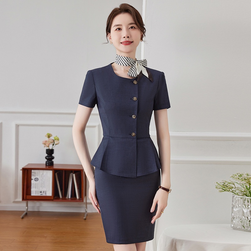 ChicShe 2024 Nuovo stile estivo grigio scuro manica corta blazer senza colletto da donna pantaloni gonna elegante set due pezzi_voghion.com