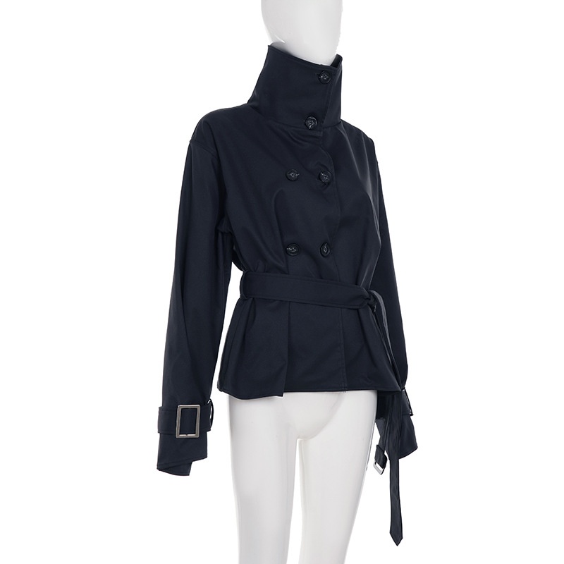 Women's Clothing Women's Street Cool Simple Versatile Tie Waist Slimming Trench Coat Niche Design Button Stand Collar Top For Women_voghion.com