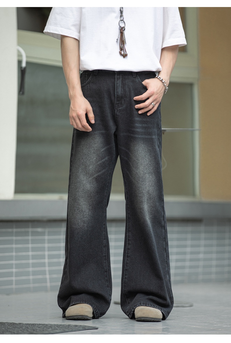 boy Boy Boy American Retro Washed Flared Jeans For Men Spring Summer New Loose Half Elastic Waist Bell Bottom Pants_voghion.com