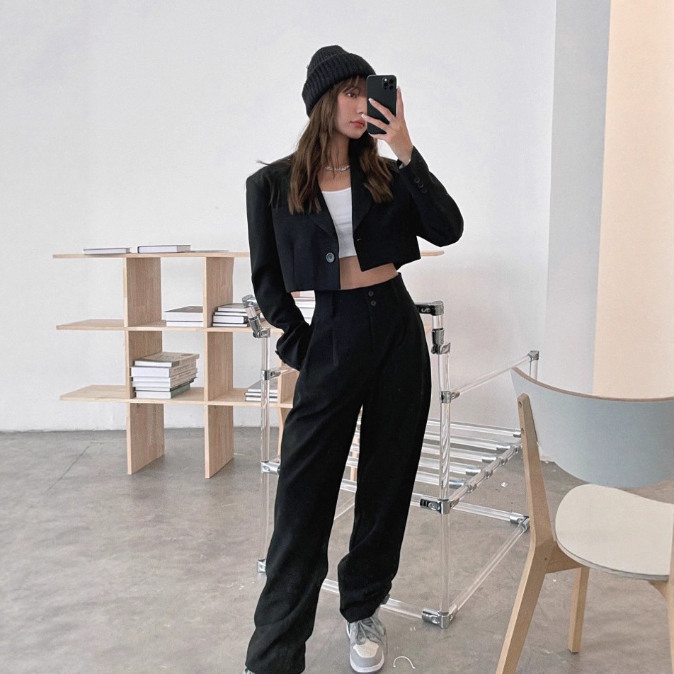 ChicShe Cross-Border Set Europees en Amerikaans 2025 Herfst Kort Pakjasje + Gedrapeerde Broek Voor Vrouwen Hoge Taille Afslankend_voghion.com