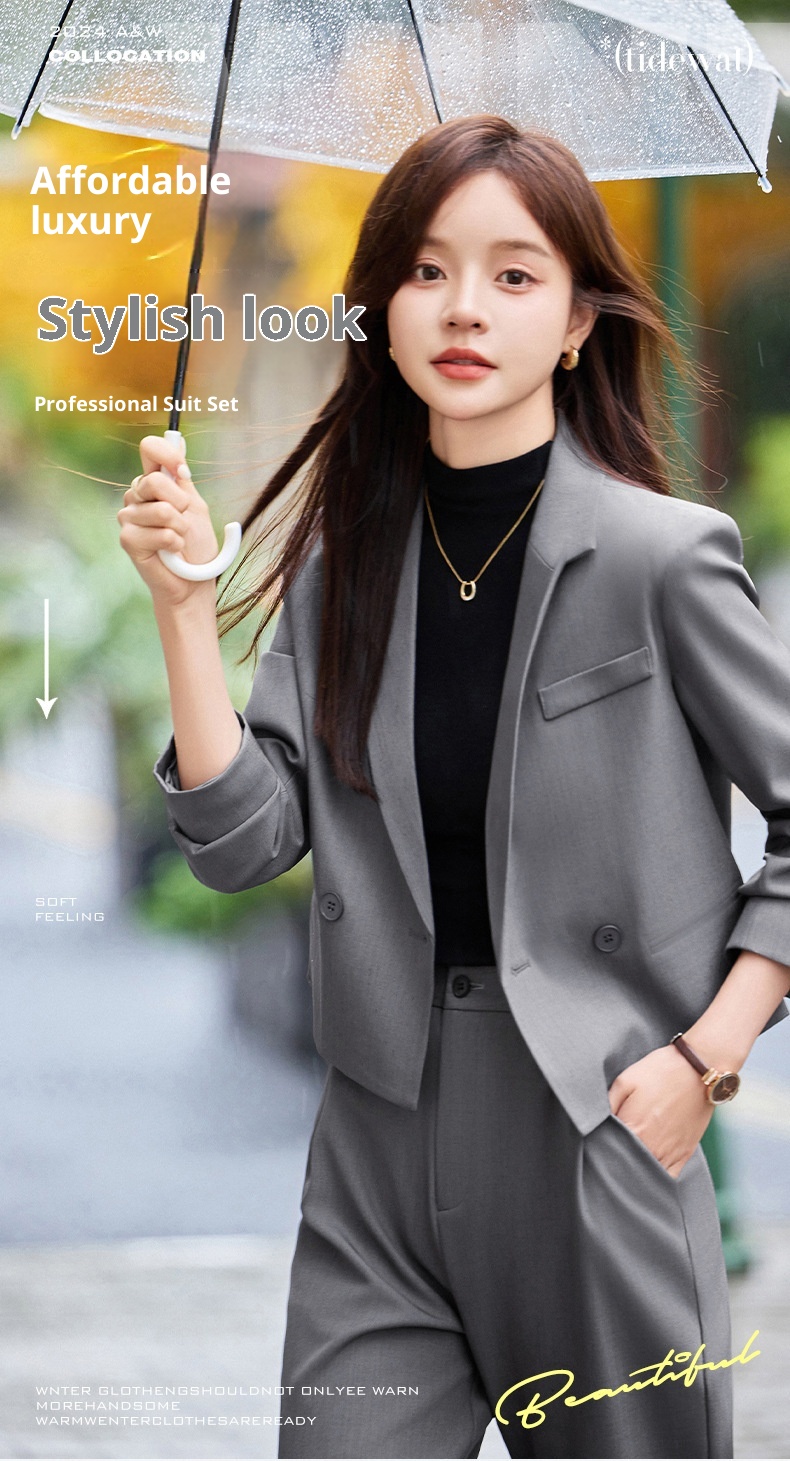 ChicShe Grigio Corto Primavera Autunno Inverno Nuovo Professionale Casual Piccolo Blazer Giacca Donna Pantaloni Set Due Pezzi Elegante Trendy_voghion.com