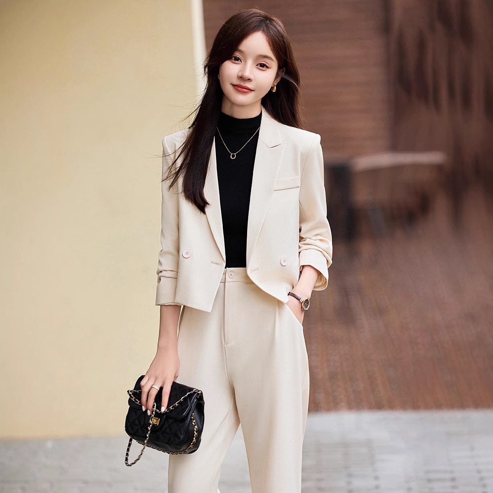 ChicShe Grigio Corto Primavera Autunno Inverno Nuovo Professionale Casual Piccolo Blazer Giacca Donna Pantaloni Set Due Pezzi Elegante Trendy_voghion.com