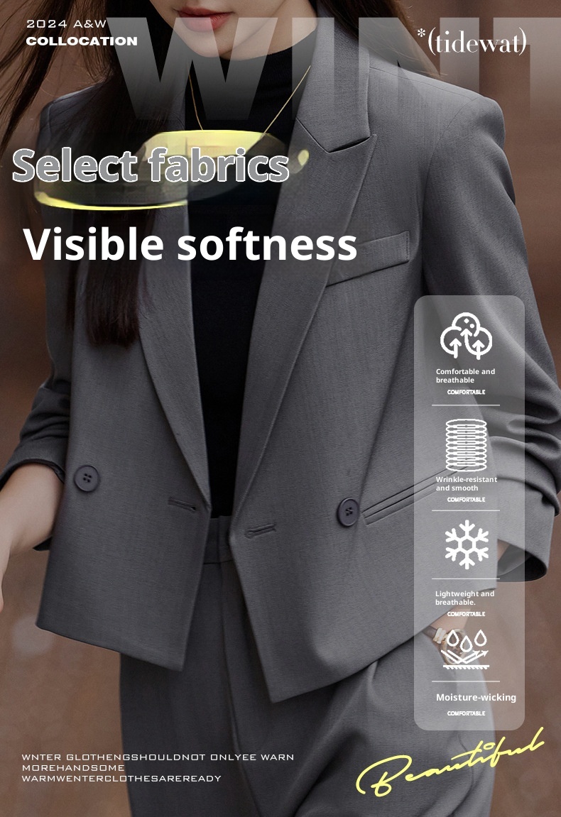 ChicShe Grigio Corto Primavera Autunno Inverno Nuovo Professionale Casual Piccolo Blazer Giacca Donna Pantaloni Set Due Pezzi Elegante Trendy_voghion.com