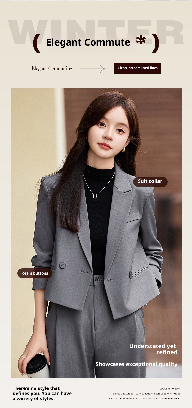 ChicShe Grigio Corto Primavera Autunno Inverno Nuovo Professionale Casual Piccolo Blazer Giacca Donna Pantaloni Set Due Pezzi Elegante Trendy_voghion.com