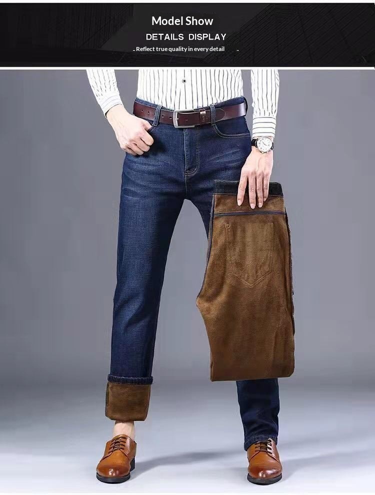 boy Boy Winter Fleece-Lined Men's Jeans, Straight Loose Fit, Warm With Fleece, Stretchy Thickened Wear-Resistant Work Pants_voghion.com