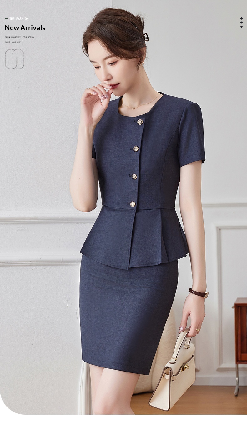 ChicShe 2024 Nuovo stile estivo grigio scuro manica corta blazer senza colletto da donna pantaloni gonna elegante set due pezzi_voghion.com