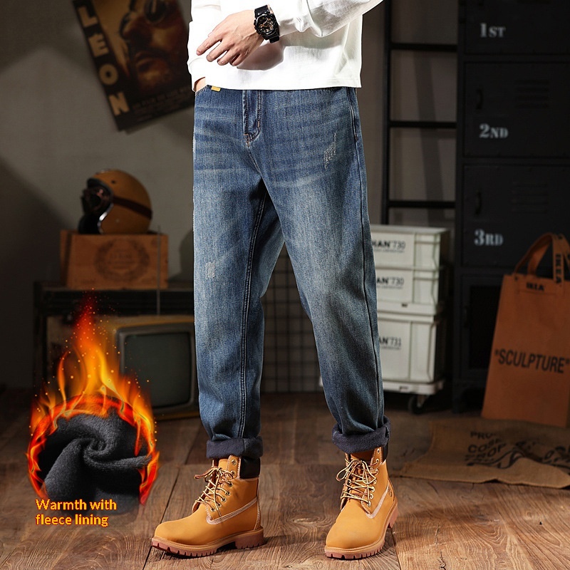 Jean stretch Boy Little Fat Cow pour homme, coupe ample, doublure polaire, grandes tailles, jambes droites, automne-hiver._voghion.com