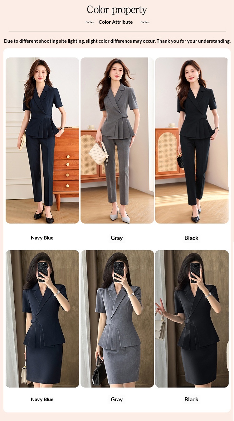 ChicShe Gray Short Sleeve Suit Set For Women Summer Professional Elegant Hotel Manager Workwear Beauty Salon Jewelry Store_voghion.com