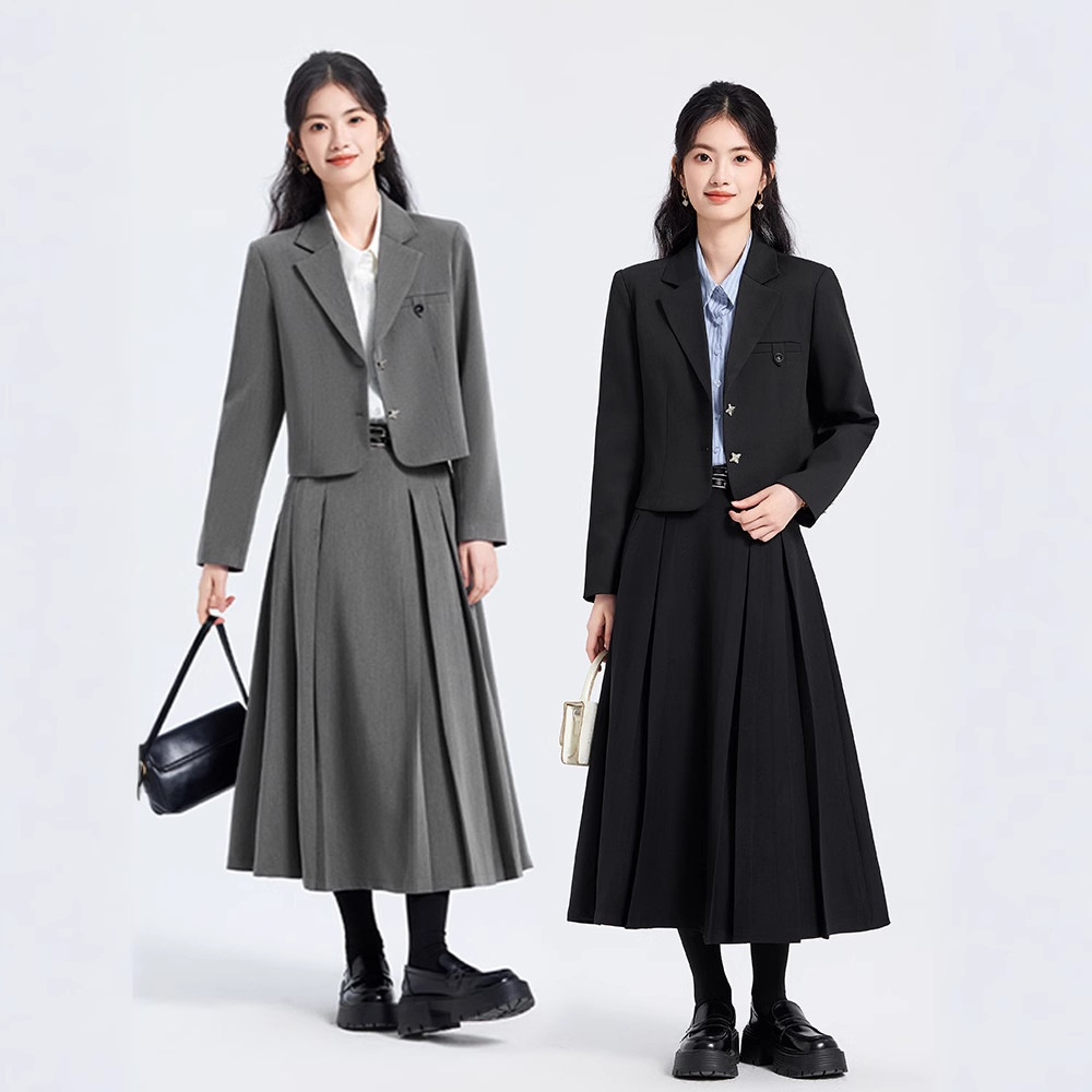 ChicShe Grigio Primavera Autunno Inverno 25 Anni Manica Lunga Corta Stile JK Piccolo Blazer Colletto Giacca Camicia Donna Gonna Tre Pezzi_voghion.com