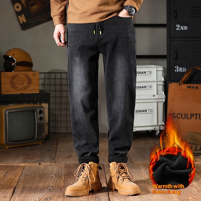 Jean stretch Boy Little Fat Cow pour homme, coupe ample, doublure polaire, grandes tailles, jambes droites, automne-hiver._voghion.com