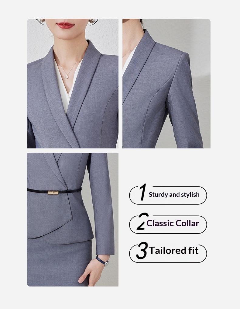Completo professionale grigio ChicShe per donna, abbigliamento formale autunnale di alta gamma per receptionist di hotel, completo da lavoro per gioielleria_voghion.com