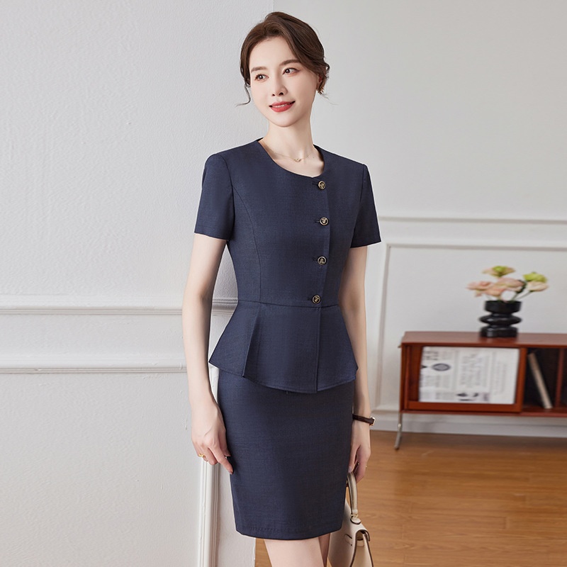 ChicShe 2024 Nuovo stile estivo grigio scuro manica corta blazer senza colletto da donna pantaloni gonna elegante set due pezzi_voghion.com