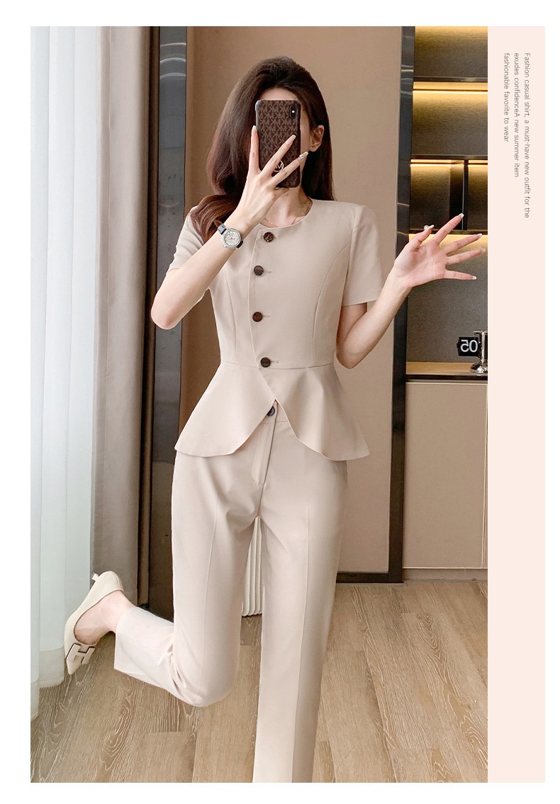 ChicShe 2024 Summer New Apricot Short Sleeve Professional Casual Jacket Women Pants Skirt Simple Elegant Two-Piece Set_voghion.com