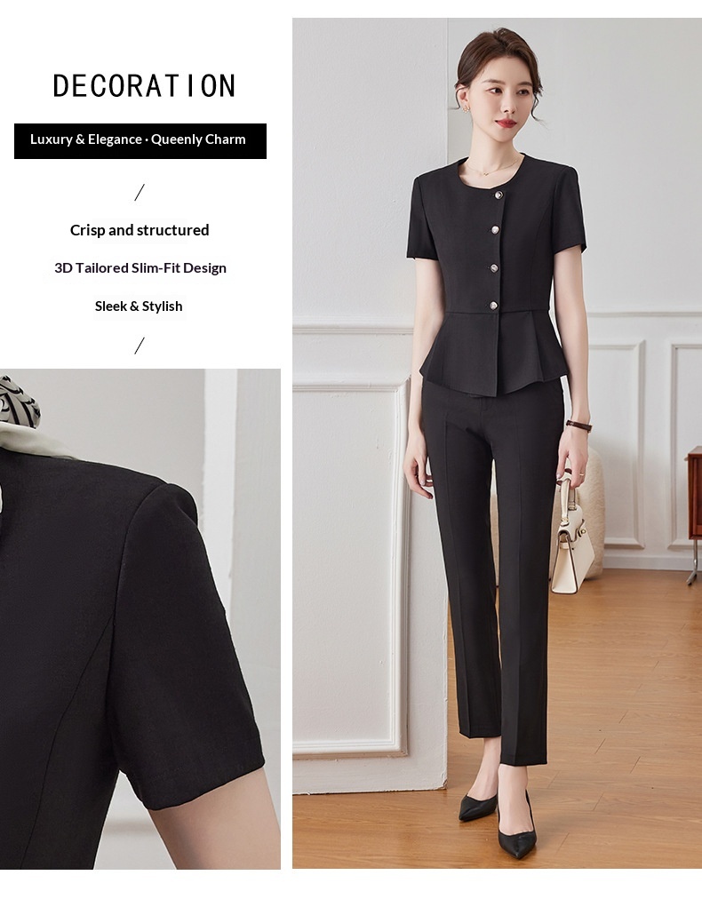 ChicShe 2024 Nuovo stile estivo grigio scuro manica corta blazer senza colletto da donna pantaloni gonna elegante set due pezzi_voghion.com