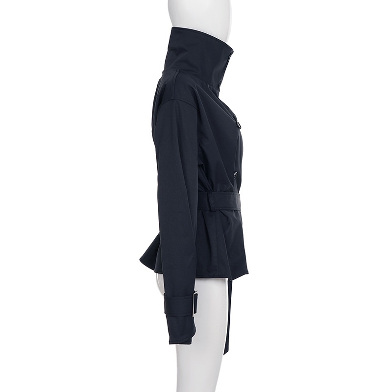 Women's Clothing Women's Street Cool Simple Versatile Tie Waist Slimming Trench Coat Niche Design Button Stand Collar Top For Women_voghion.com
