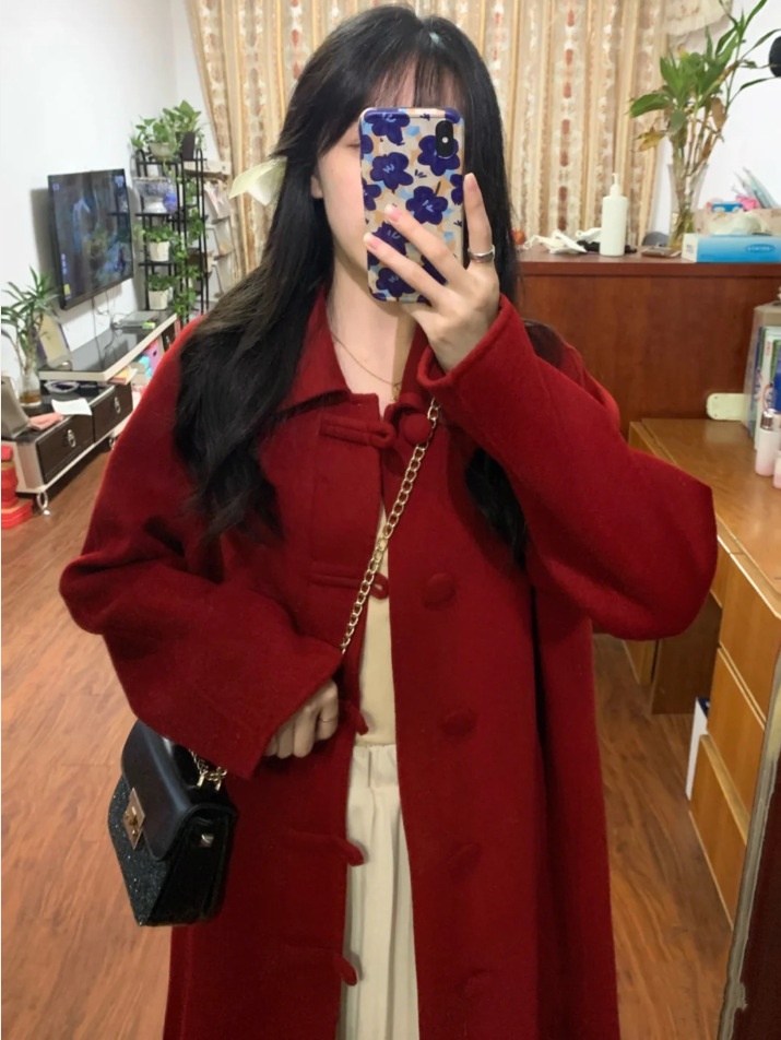 2025 Autumn Winter New Thickened Woolen Coat, Women's Clothing, Women's Vintage Red Double-Sided Wool Coat With Button Closure, Mid-Length_voghion.com