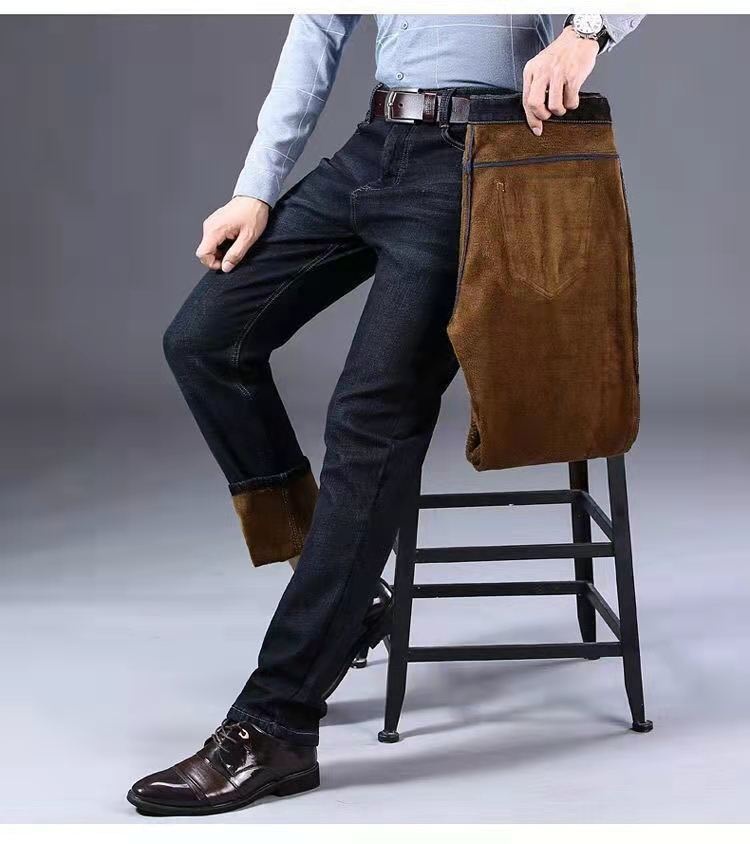 boy Boy Winter Fleece-Lined Men's Jeans, Straight Loose Fit, Warm With Fleece, Stretchy Thickened Wear-Resistant Work Pants_voghion.com