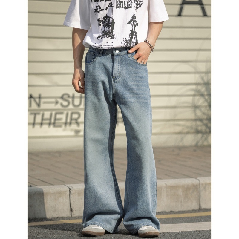 boy Boy Boy American Retro Washed Flared Jeans For Men Spring Summer New Loose Half Elastic Waist Bell Bottom Pants_voghion.com