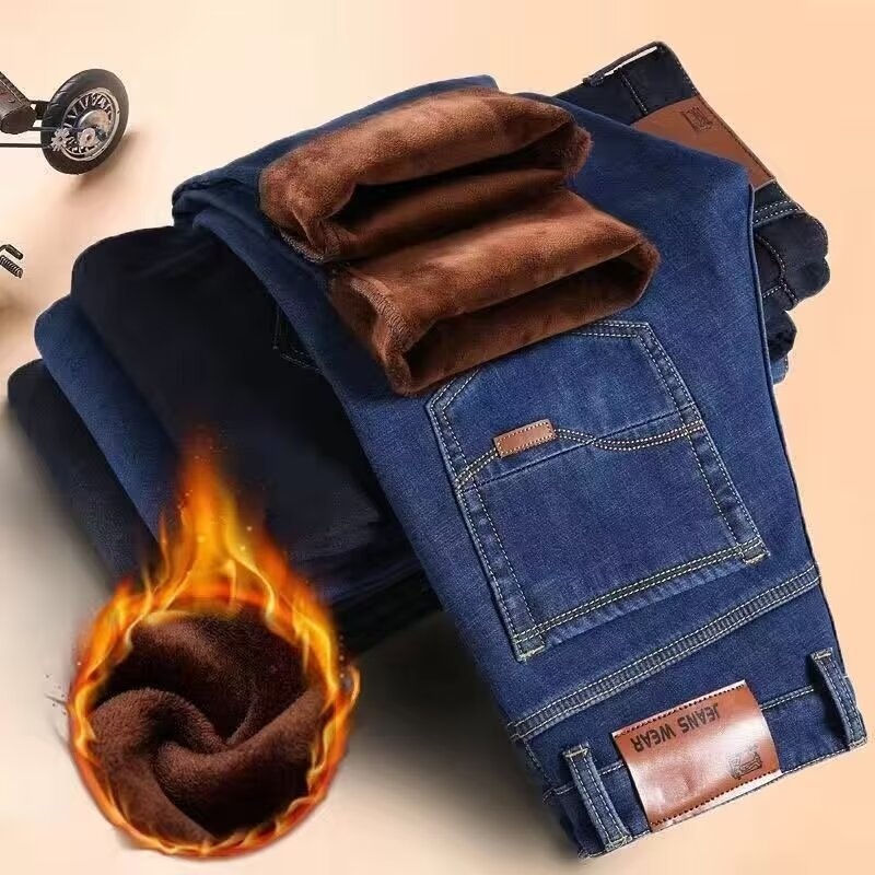 Jungen-Jeans, Herbst/Winter, Fleecegefüttert, Verdickt, Lässig, Vielseitig, Locker, Gerade, Warm, Baumwolle, Herren, Großhandel_voghion.com