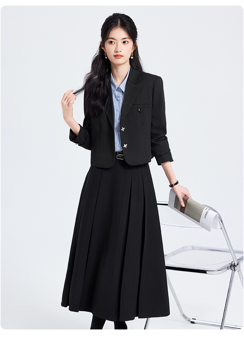 ChicShe Grigio Primavera Autunno Inverno 25 Anni Manica Lunga Corta Stile JK Piccolo Blazer Colletto Giacca Camicia Donna Gonna Tre Pezzi_voghion.com