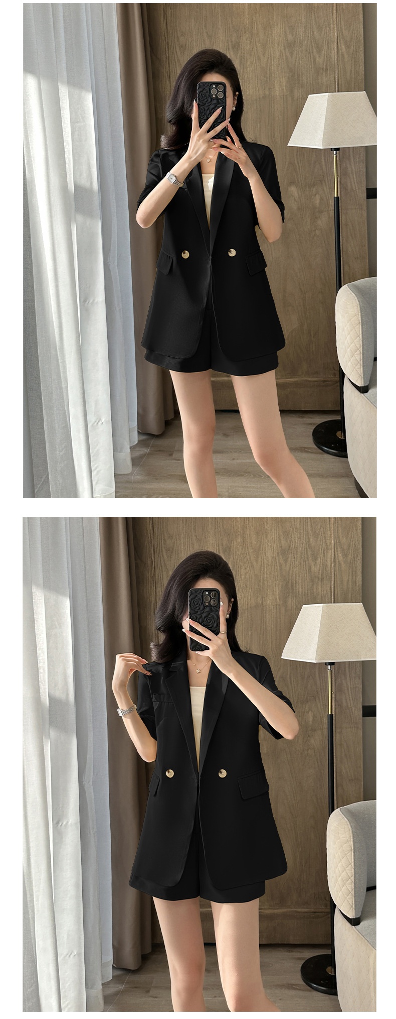 Ensemble tailleur bleu ChicShe pour femme, élégant et tendance, manches courtes, short fin d'été, tenue de travail professionnelle._voghion.com