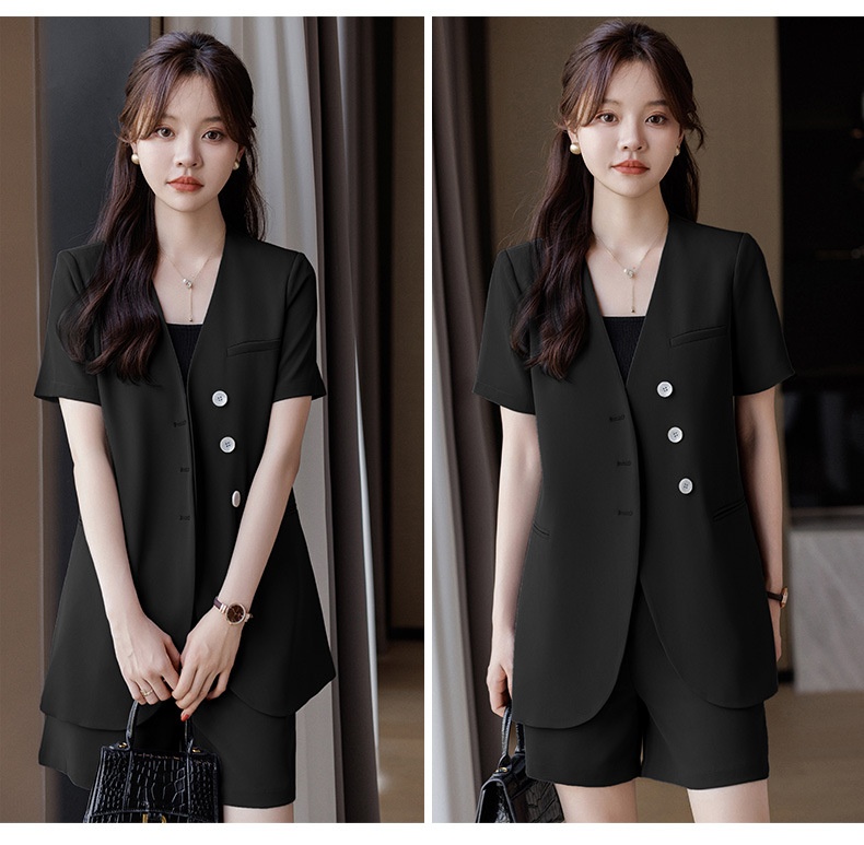 ChicShe 2024 Summer New Gray Collarless Blazer Jacket Women Shorts Two-Piece Set Simple Fashionable Elegant Trendy_voghion.com