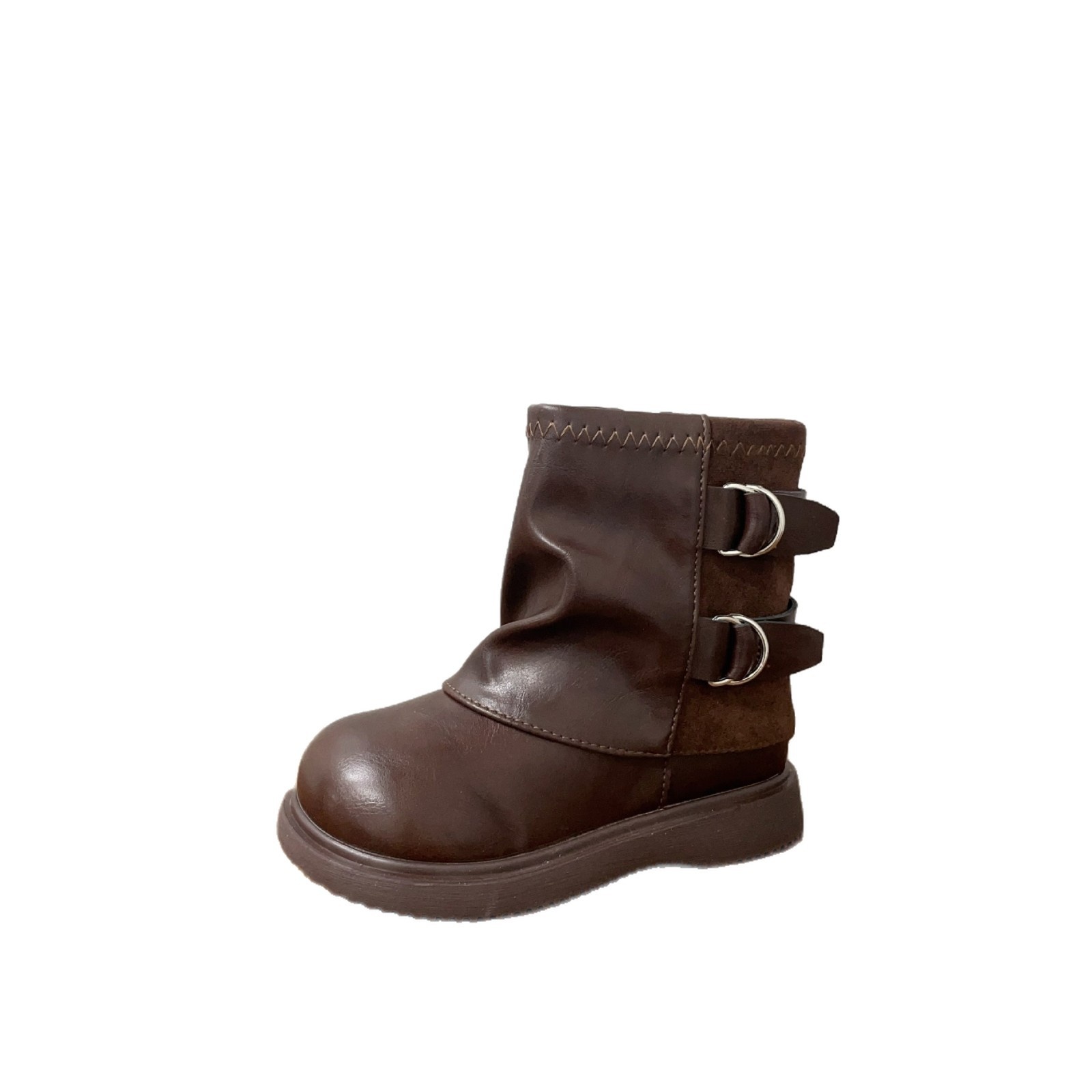 ShoeGlobe Metal Double Buckle Decorated Solid Color Warm Fleece-Lined Denim Slouch 2025 Winter Girls' Small Cotton Boots_voghion.com