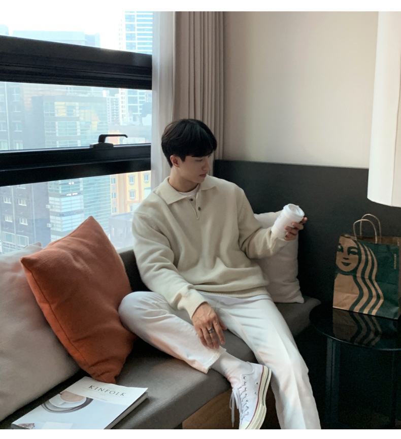 Boy Boy ASCLO New Dongdaemun Korean Clothing Turn-down Sweater Men's Designer Polo Collar Skinfriendly Loose Autumn Casual_voghion.com