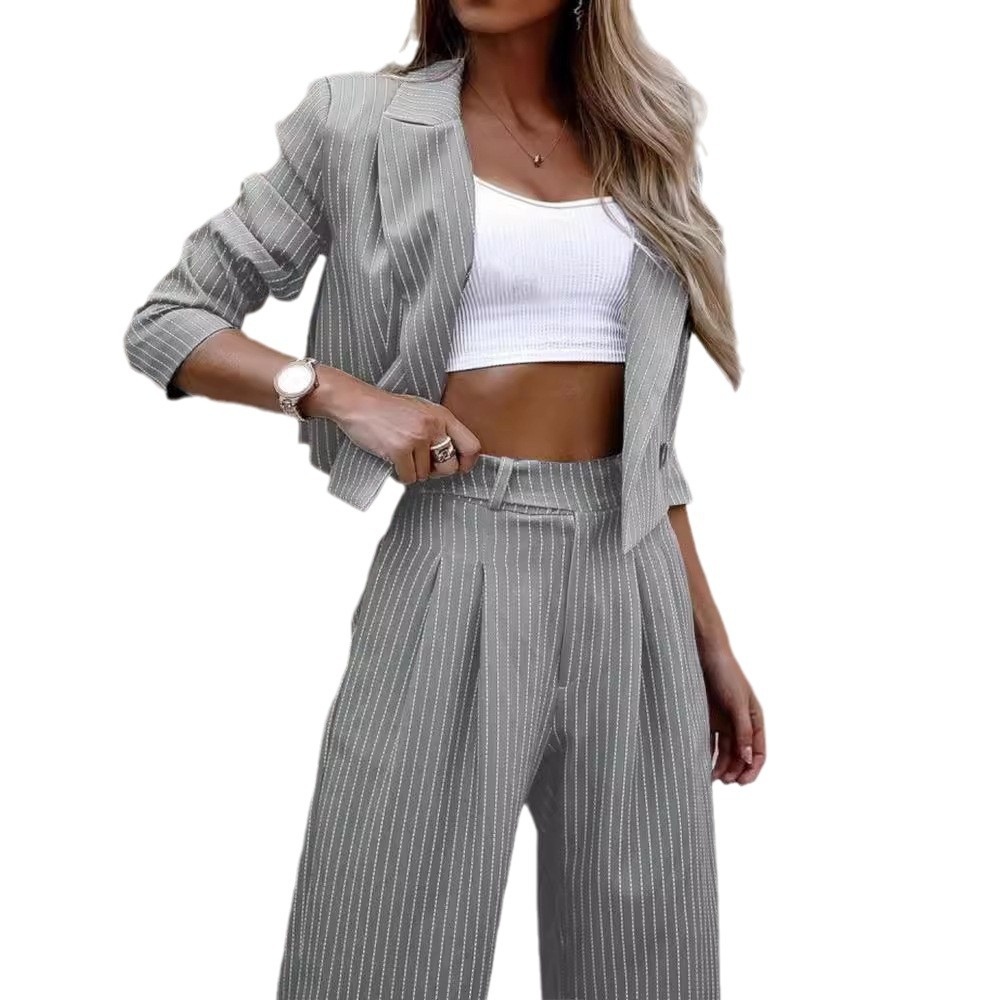 ChicShe 2024 European And American Foreign Trade Women's Fashion Elegant Casual Striped Short Lapel Blazer Straight Pants Suit_voghion.com