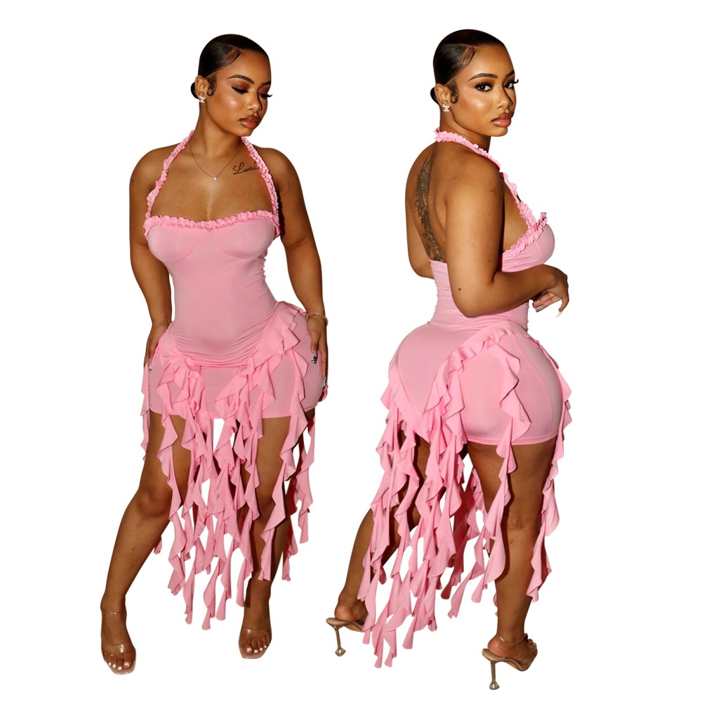 ChicShe CY901256 European And American Solid Color Tassel Halter Bodycon For Women Foreign Trade New Fashion Dress_voghion.com