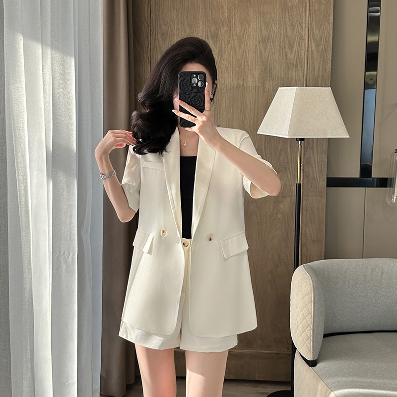 Ensemble tailleur bleu ChicShe pour femme, élégant et tendance, manches courtes, short fin d'été, tenue de travail professionnelle._voghion.com