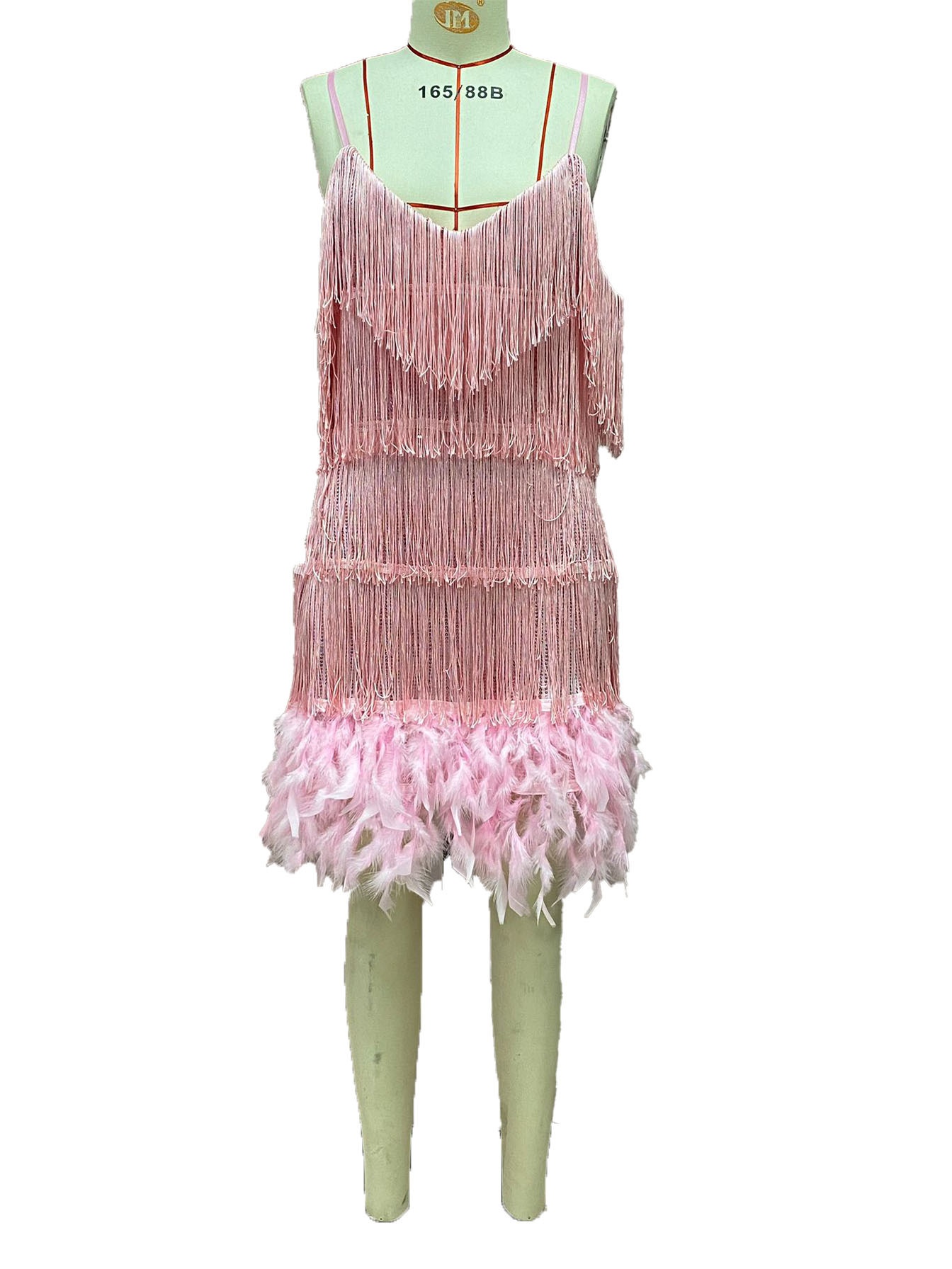 ChicShe 2025 Modisches Paillettenkleid mit Quasten, mehrfarbig, sexy V-Ausschnitt, Spaghettiträgern und Feder-Patchwork_voghion.com