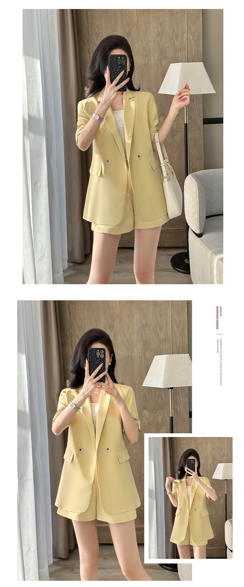 Ensemble tailleur bleu ChicShe pour femme, élégant et tendance, manches courtes, short fin d'été, tenue de travail professionnelle._voghion.com