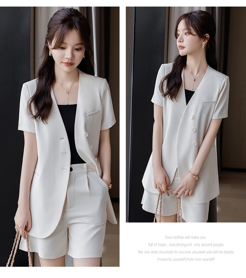 ChicShe 2024 Summer New Gray Collarless Blazer Jacket Women Shorts Two-Piece Set Simple Fashionable Elegant Trendy_voghion.com