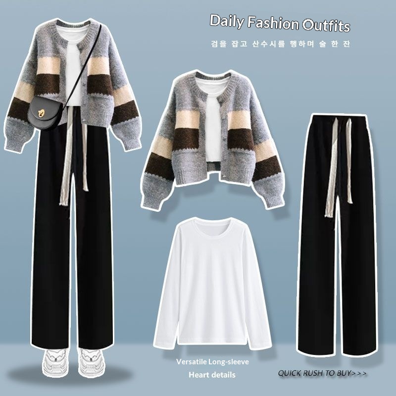 ChicShe Plus Size Women's Autumn Winter Suit New Fashionable Knitted Cardigan Slimming Casual Wide-Leg Pants Three-Piece Set_voghion.com