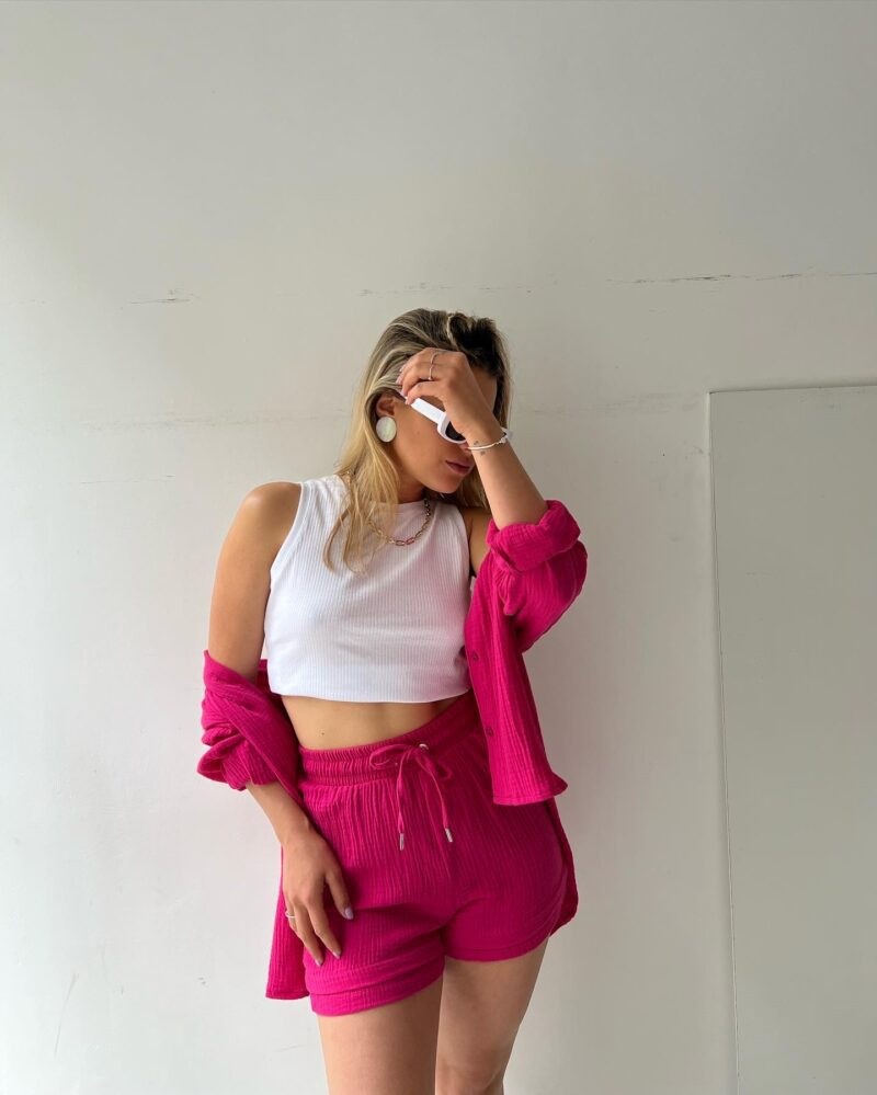 ChicShe, camicia a maniche lunghe con colletto rovesciato, pantaloncini con coulisse a vita alta, in tessuto stropicciato, da donna europea e americana, due pezzi_voghion.com