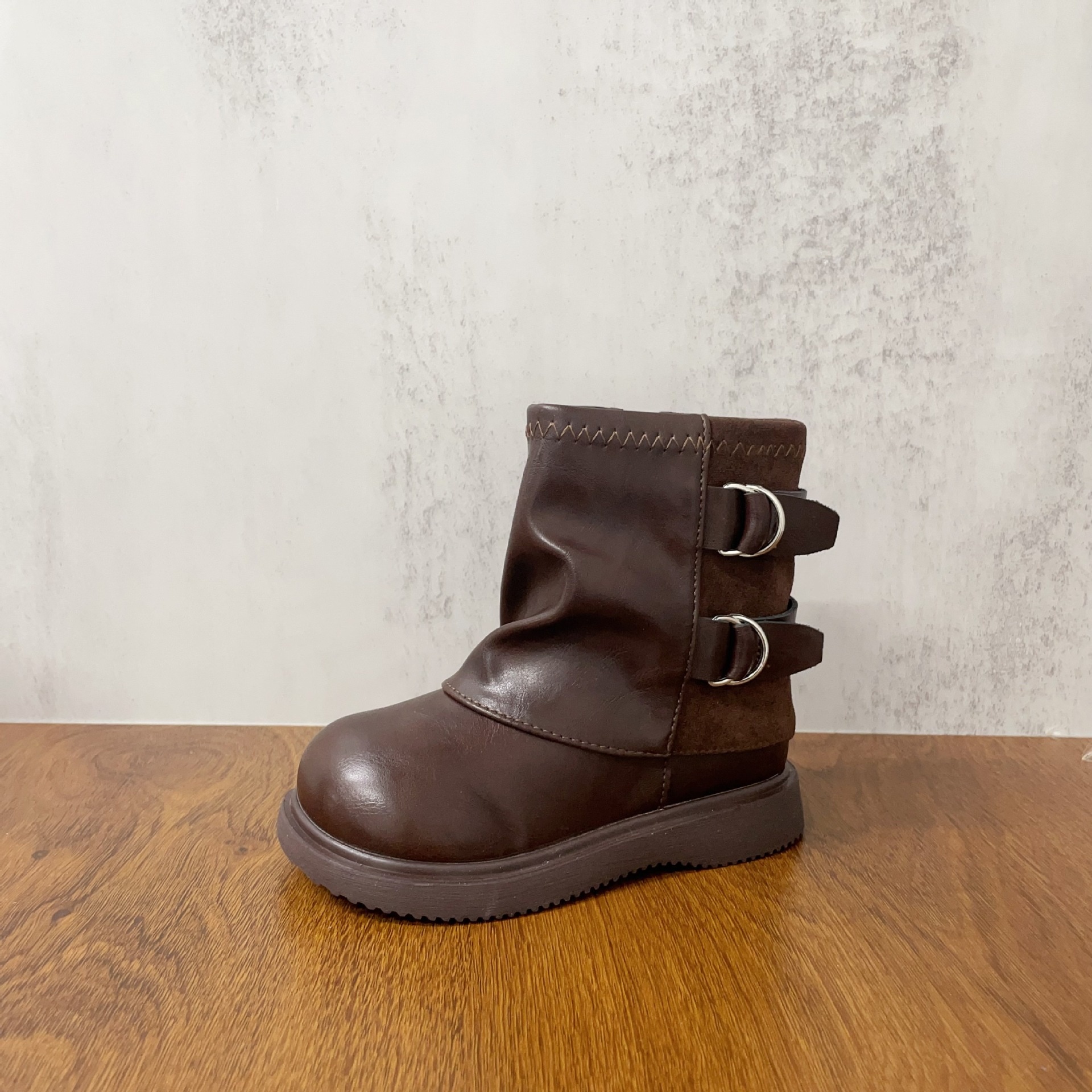 ShoeGlobe Metal Double Buckle Decorated Solid Color Warm Fleece-Lined Denim Slouch 2025 Winter Girls' Small Cotton Boots_voghion.com