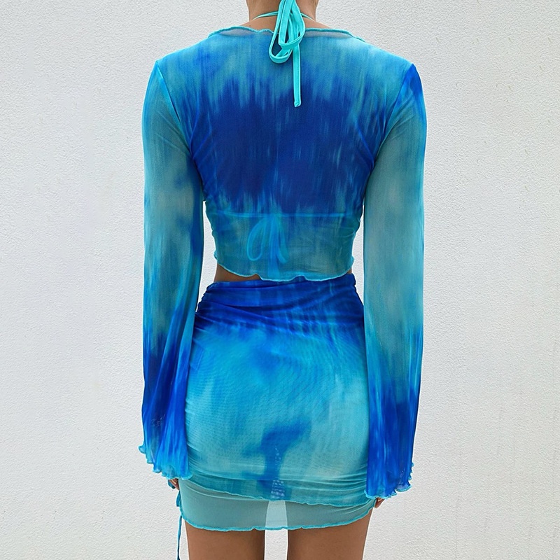 ChicShe European American Women's Clothing Tie-Dye Print V-Neck Lace-Up Mesh Flared Sleeve Top And Skirt Two-Piece Set Hot Girl_voghion.com
