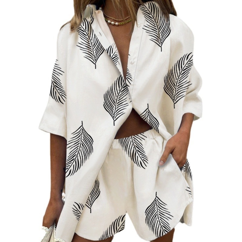 ChicShe 2024, set di due pezzi con camicia stampata a maniche corte con colletto rovesciato, moda femminile europea e americana_voghion.com