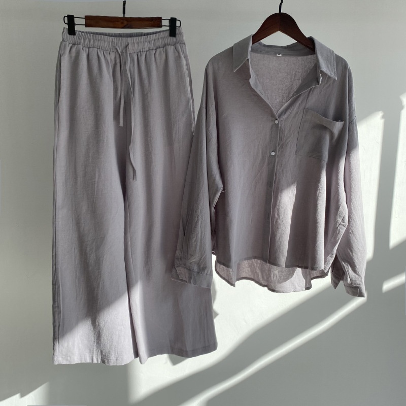 ChicShe Cross-Border Women's 2-Piece Retro Plus Size 2024 Cotton Linen Shirt High Waist Loose Long Pants Set_voghion.com
