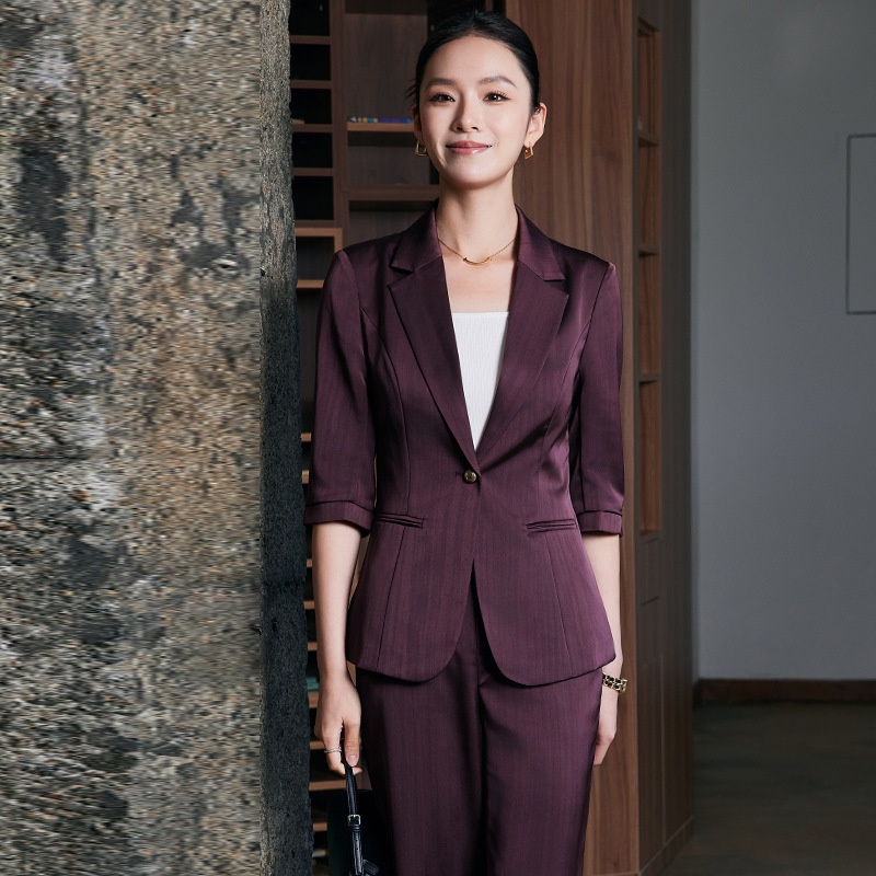 Blazer in raso acetato di alta qualità, manica a tre quarti, a righe, per donna, primavera ed estate, nuovo e professionale, ChicShe_voghion.com