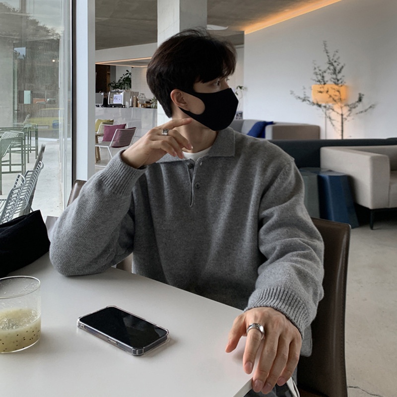 Boy Boy ASCLO New Dongdaemun Korean Clothing Turn-down Sweater Men's Designer Polo Collar Skinfriendly Loose Autumn Casual_voghion.com