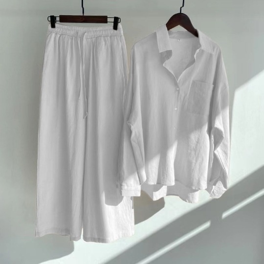 ChicShe Cross-Border Women's 2-Piece Retro Plus Size 2024 Cotton Linen Shirt High Waist Loose Long Pants Set_voghion.com
