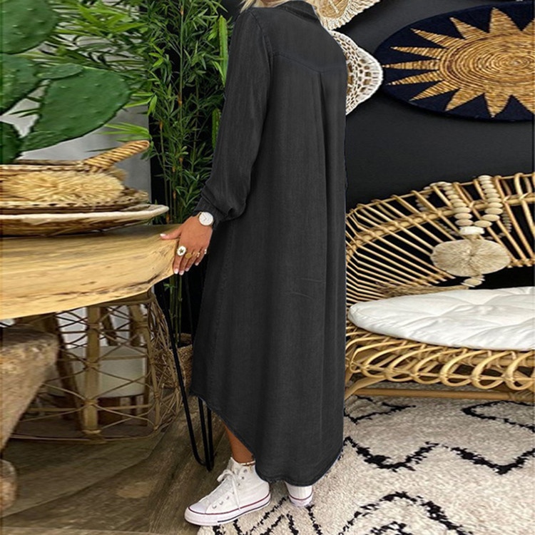 ChicShe 2023, gonna lunga casual in denim con colletto a camicia, nuova e venduta in Europa e in America_voghion.com