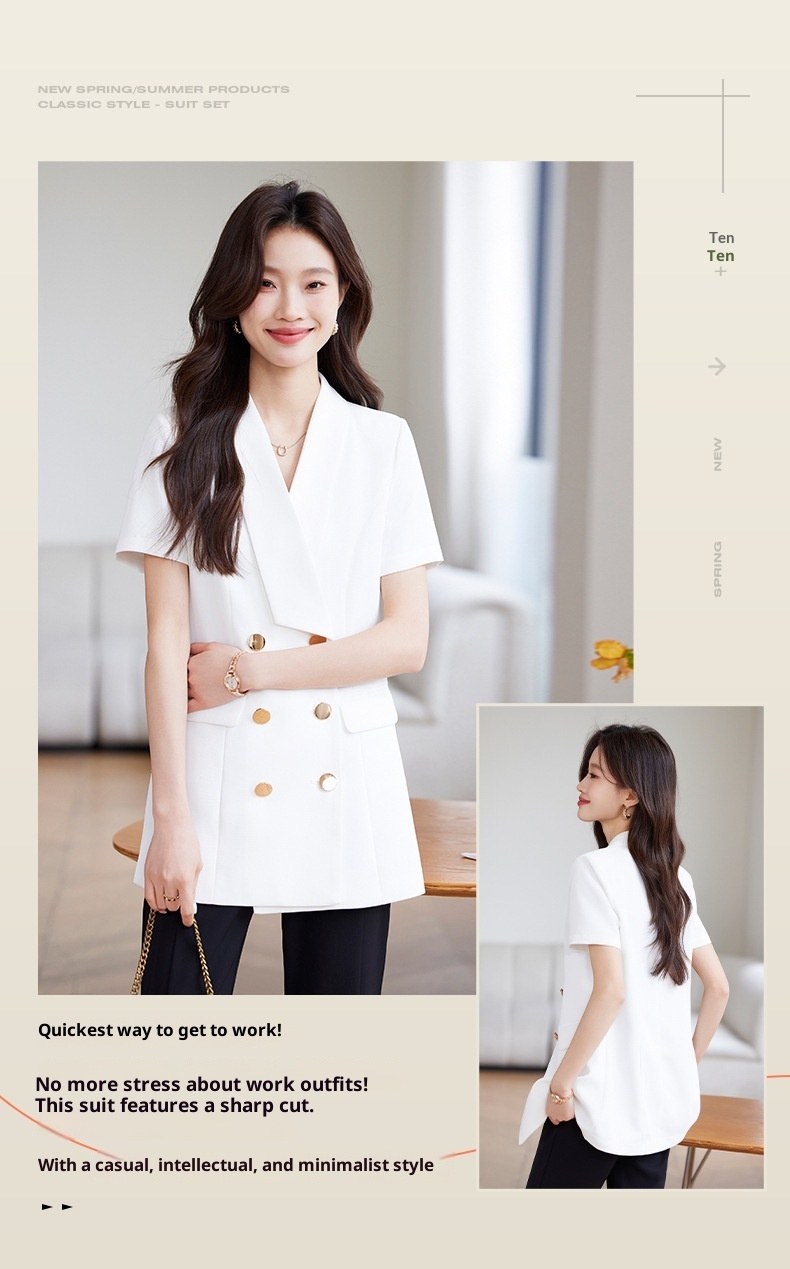 Veste tailleur à manches courtes ChicShe pour femme, style professionnel décontracté, élégante et polyvalente, idéale pour l'été et les déplacements._voghion.com