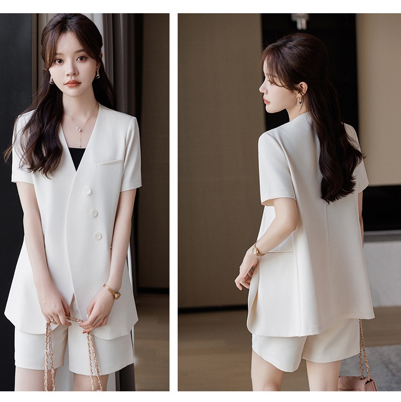 ChicShe 2024 Summer New Gray Collarless Blazer Jacket Women Shorts Two-Piece Set Simple Fashionable Elegant Trendy_voghion.com