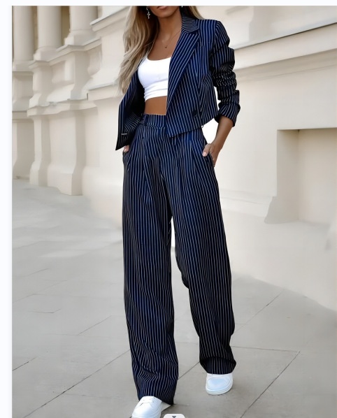 ChicShe 2024 European And American Foreign Trade Women's Fashion Elegant Casual Striped Short Lapel Blazer Straight Pants Suit_voghion.com