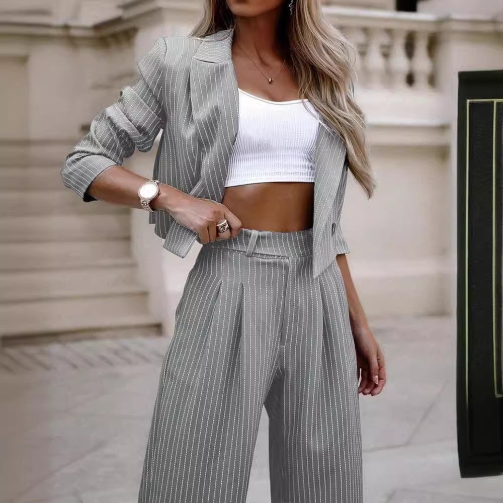 ChicShe 2024 European And American Foreign Trade Women's Fashion Elegant Casual Striped Short Lapel Blazer Straight Pants Suit_voghion.com