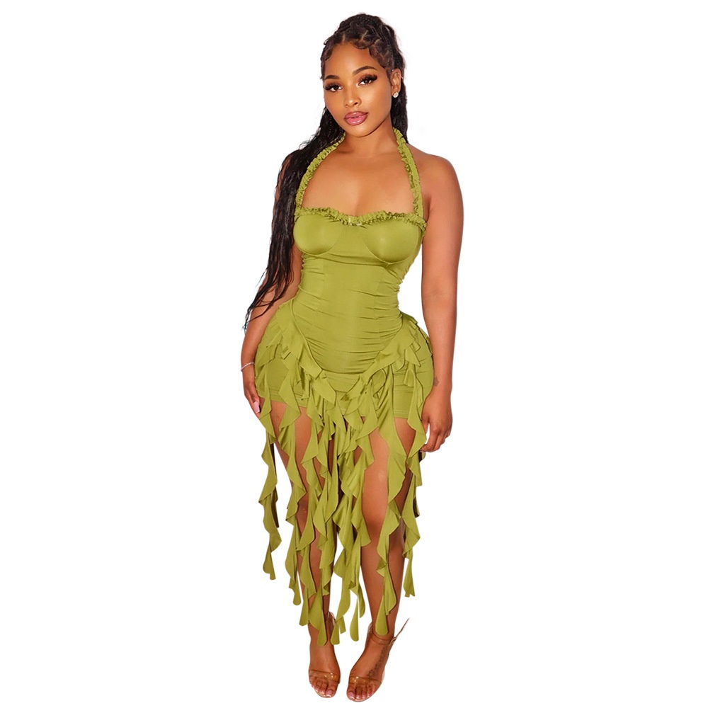 ChicShe CY901256 European And American Solid Color Tassel Halter Bodycon For Women Foreign Trade New Fashion Dress_voghion.com