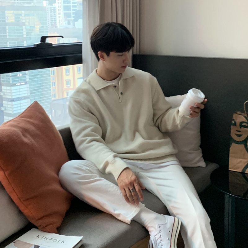 Boy Boy ASCLO New Dongdaemun Korean Clothing Turn-down Sweater Men's Designer Polo Collar Skinfriendly Loose Autumn Casual_voghion.com